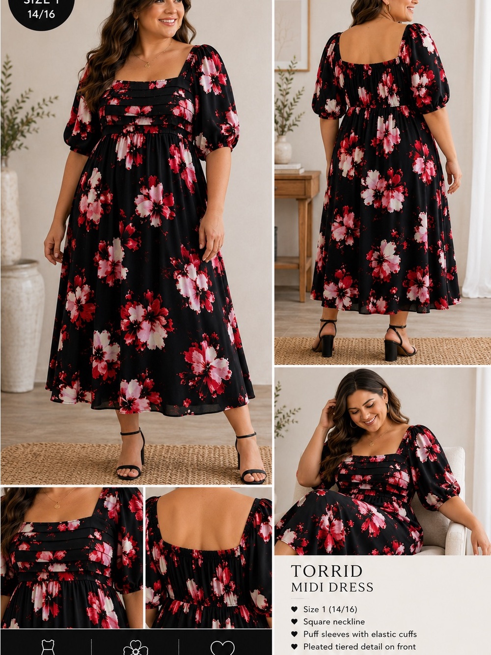 Torrid Floral Cottagecore Smocked Midi Dress Puff Sleeve Size 1 14/16